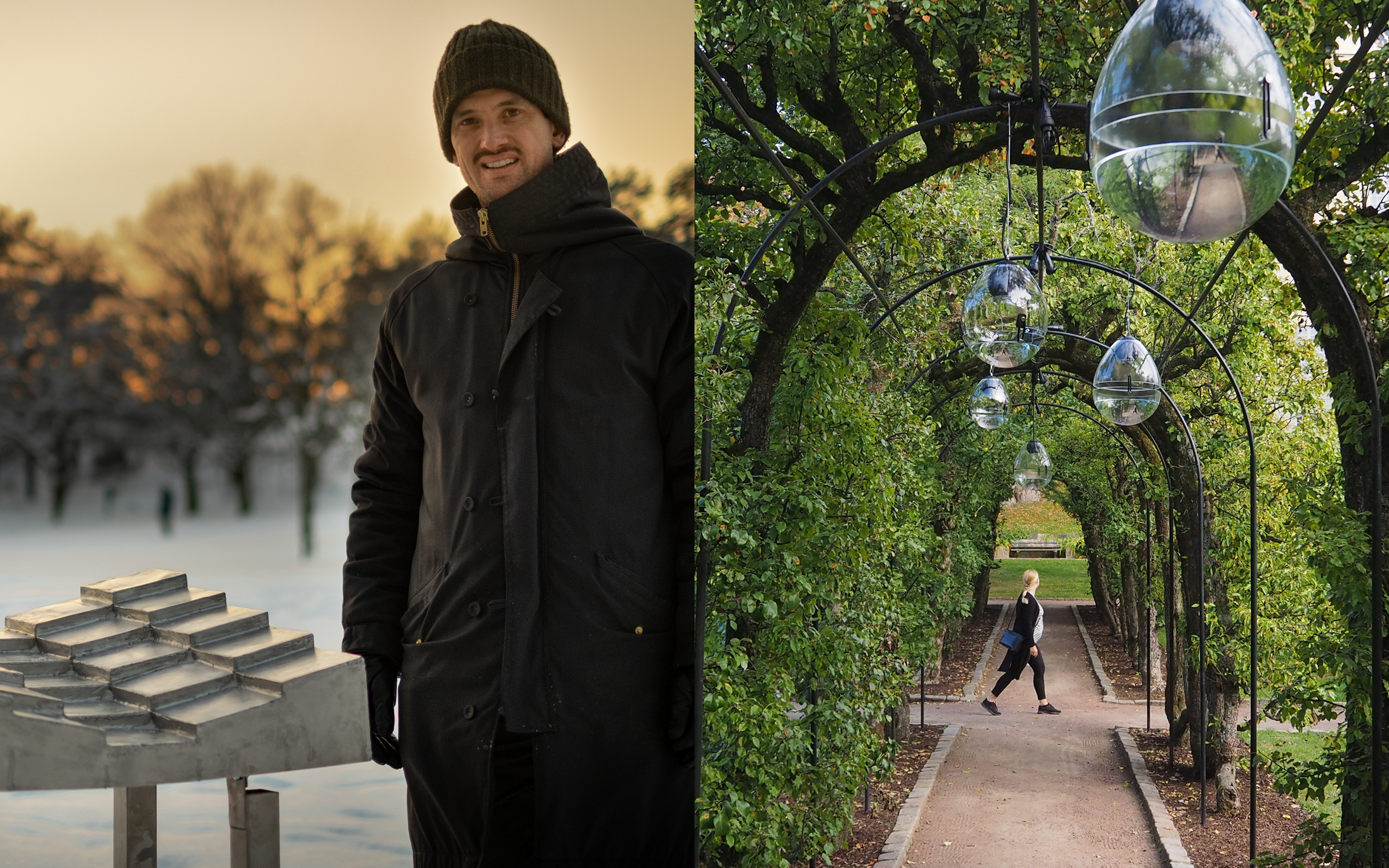 Image of Erik Vallbo standing next to his installation Rainwaves.