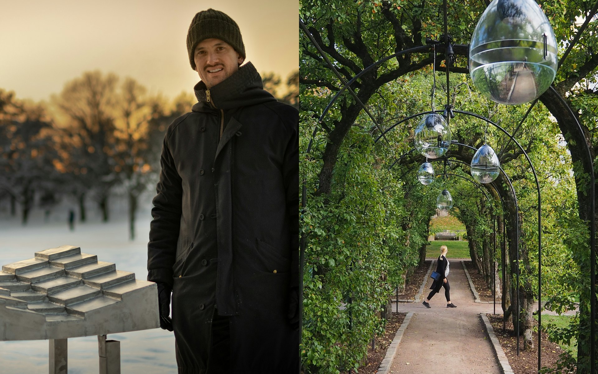 Image of Erik Vallbo standing next to his installation Rainwaves.